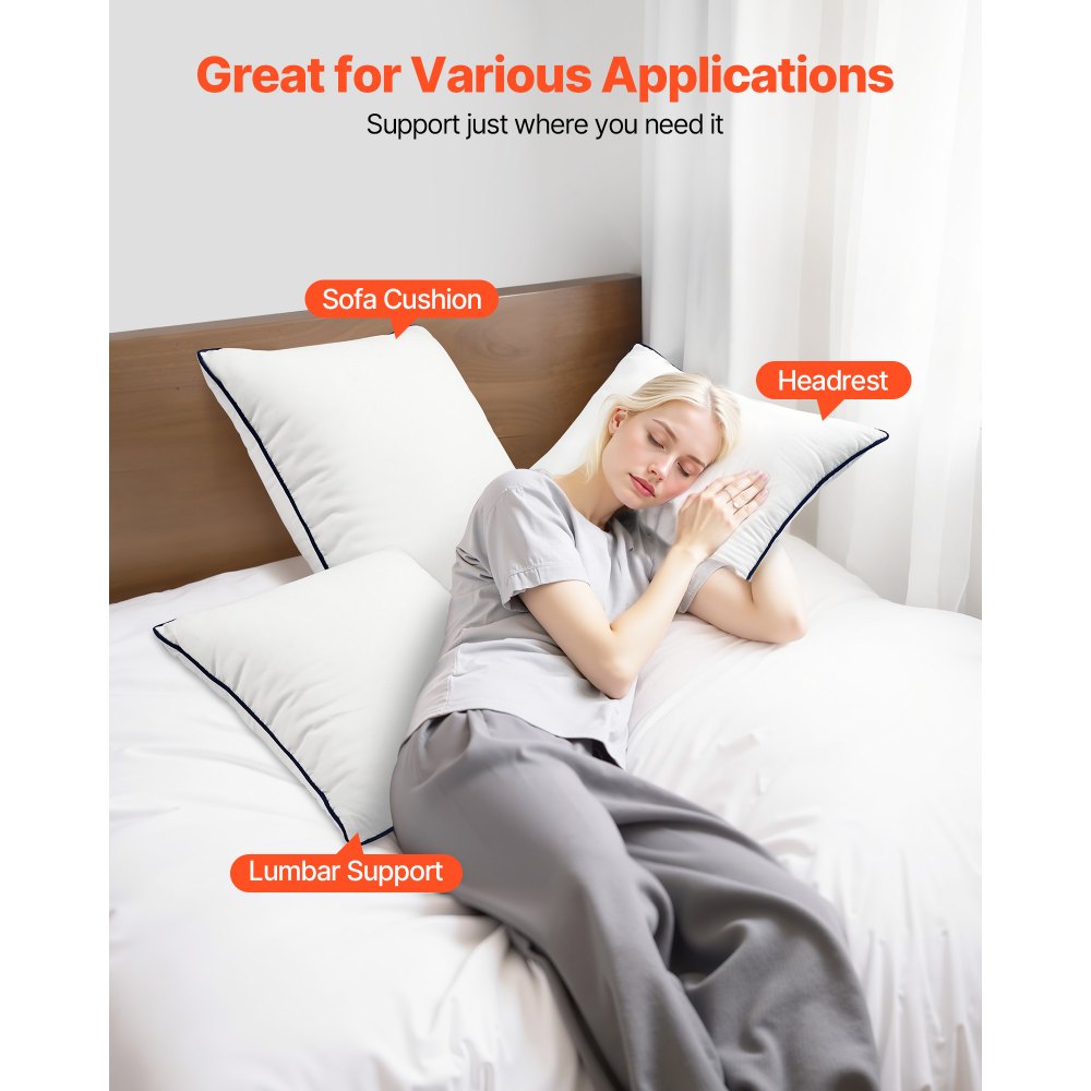 VEVOR 18 x 18 in Throw Pillow Inserts, Set of 2, Firm and Fluffy Decorative Down Alternative Pillows with Polyester Fiber, Square White Cushion with Zipper, for Indoor Bed Couch Sofa and Living Room