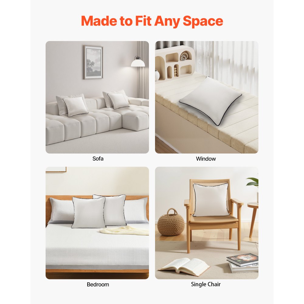 VEVOR 18 x 18 in Throw Pillow Inserts, Set of 2, Firm and Fluffy Decorative Down Alternative Pillows with Polyester Fiber, Square White Cushion with Zipper, for Indoor Bed Couch Sofa and Living Room