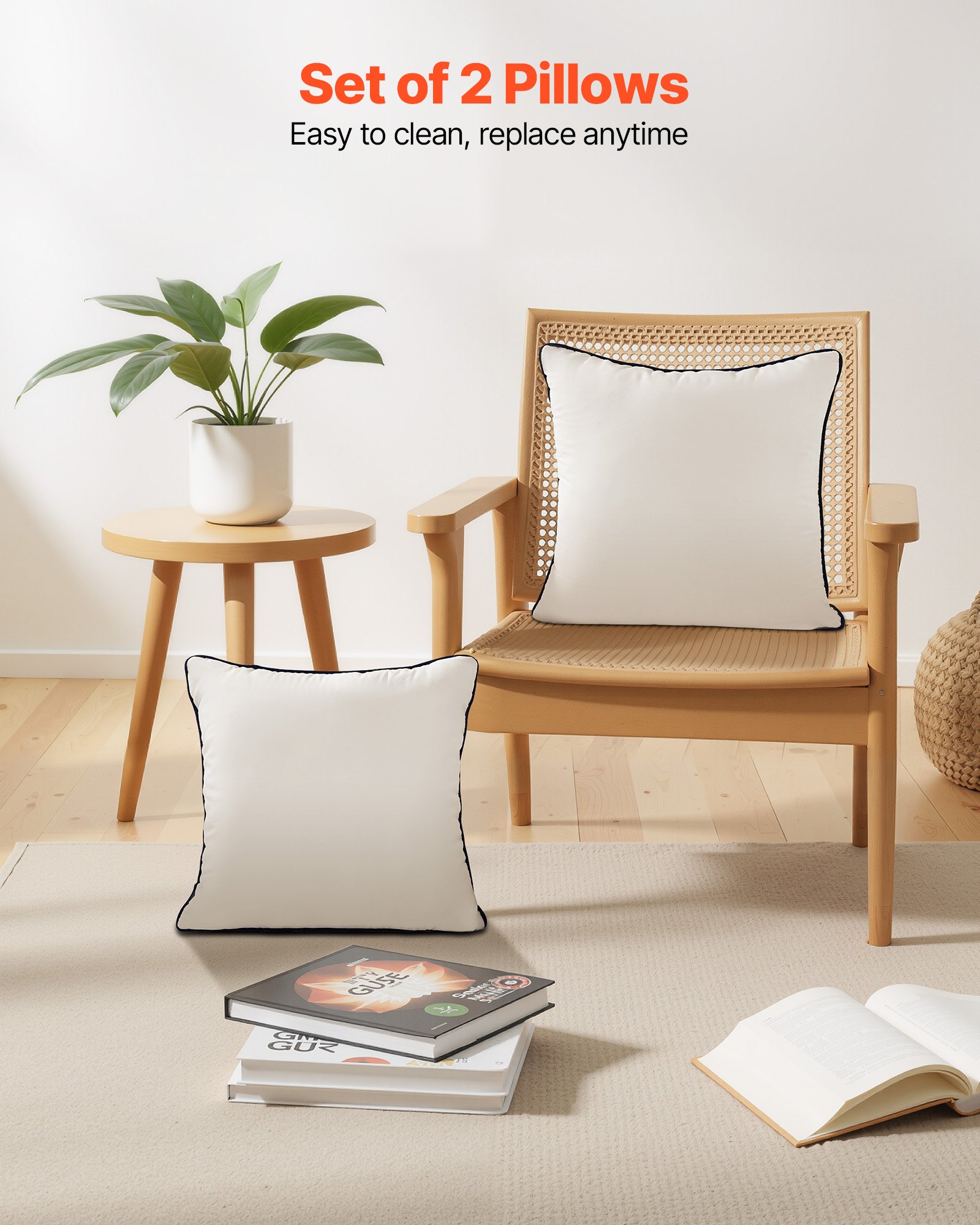 VEVOR 18 x 18 in Throw Pillow Inserts, Set of 2, Firm and Fluffy Decorative Down Alternative Pillows with Polyester Fiber, Square White Cushion with Zipper, for Indoor Bed Couch Sofa and Living Room