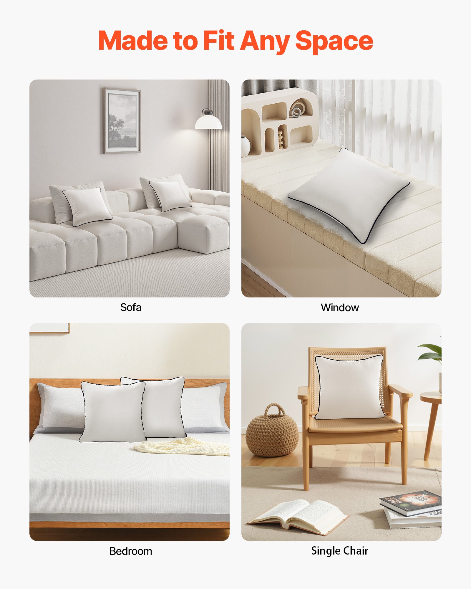 VEVOR 18 x 18 in Throw Pillow Inserts, Set of 2, Firm and Fluffy Decorative Down Alternative Pillows with Polyester Fiber, Square White Cushion with Zipper, for Indoor Bed Couch Sofa and Living Room