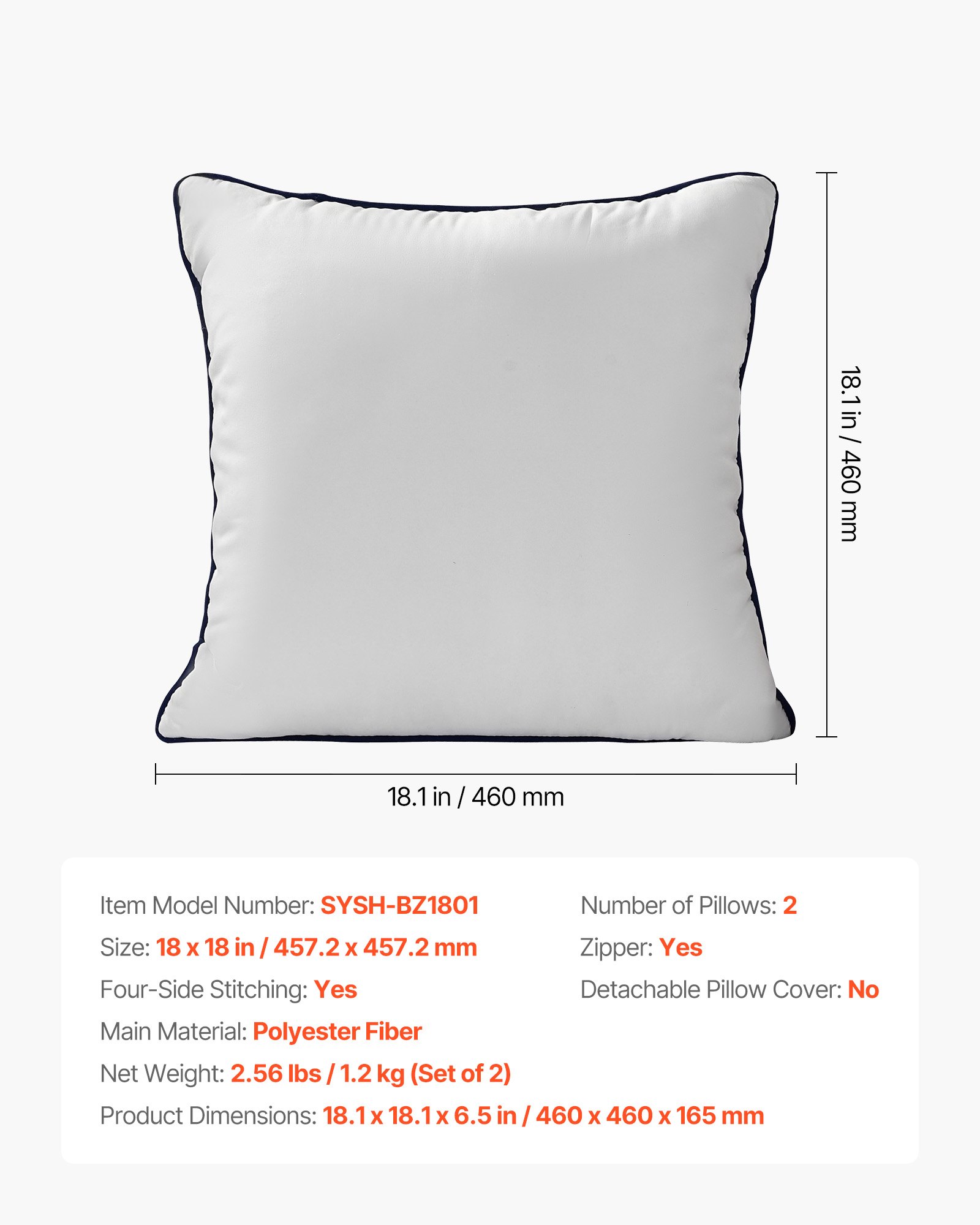 VEVOR 18 x 18 in Throw Pillow Inserts, Set of 2, Firm and Fluffy Decorative Down Alternative Pillows with Polyester Fiber, Square White Cushion with Zipper, for Indoor Bed Couch Sofa and Living Room