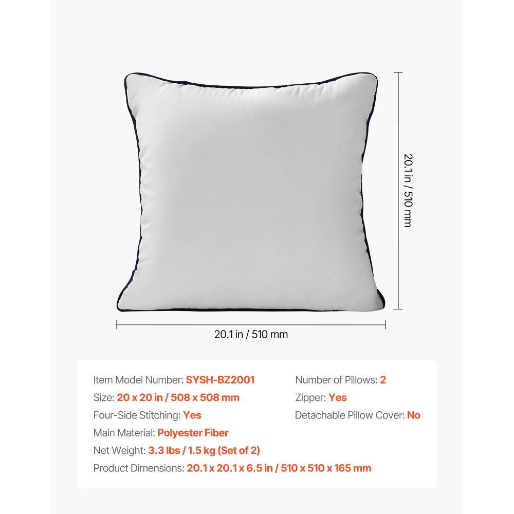 VEVOR 20 x 20 in Throw Pillow Inserts, Set of 2, Firm and Fluffy Decorative Down Alternative Pillows with Polyester Fiber, Square White Cushion with Zipper, for Indoor Bed Couch Sofa and Living Room