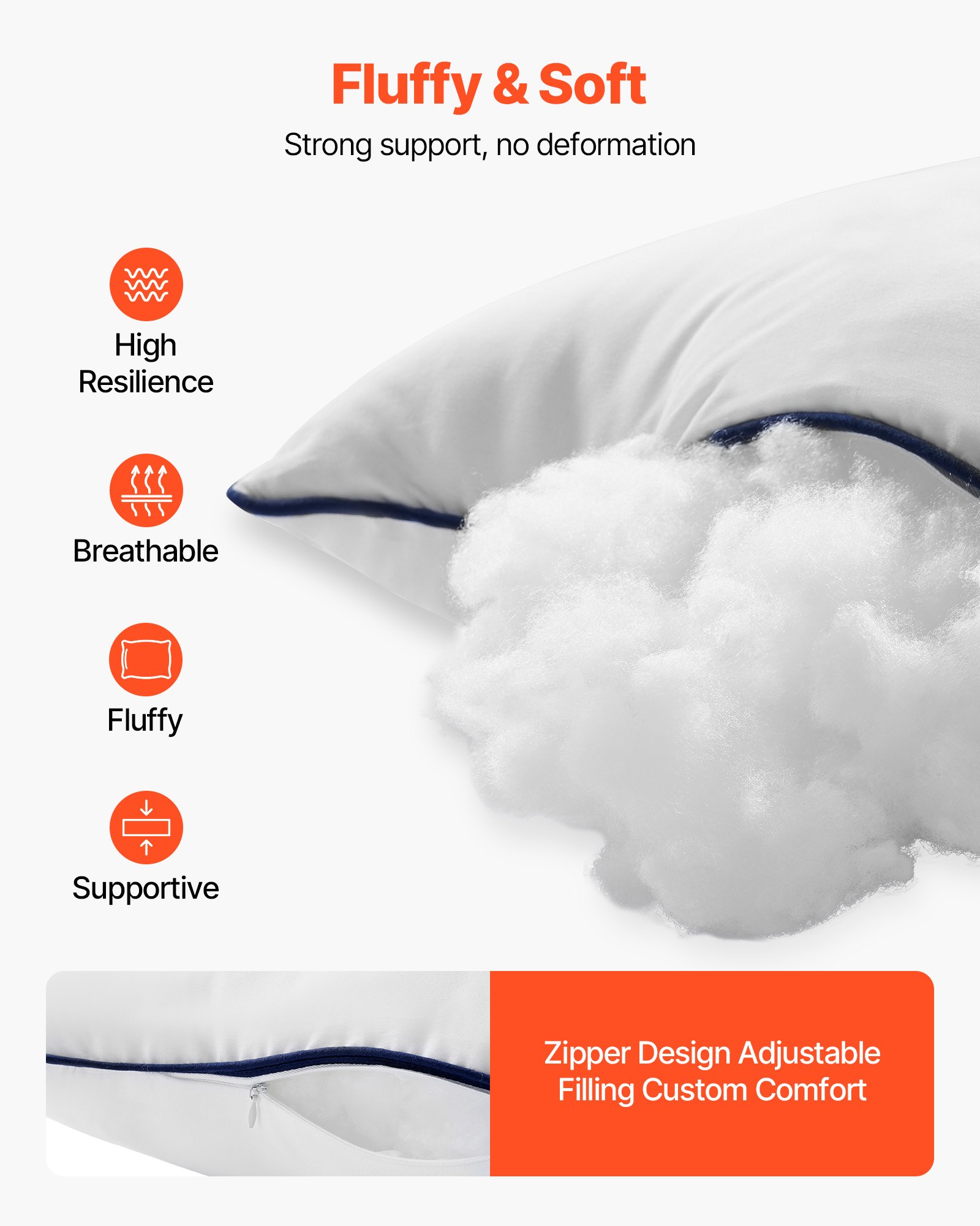 VEVOR 20 x 20 in Throw Pillow Inserts, Set of 2, Firm and Fluffy Decorative Down Alternative Pillows with Polyester Fiber, Square White Cushion with Zipper, for Indoor Bed Couch Sofa and Living Room