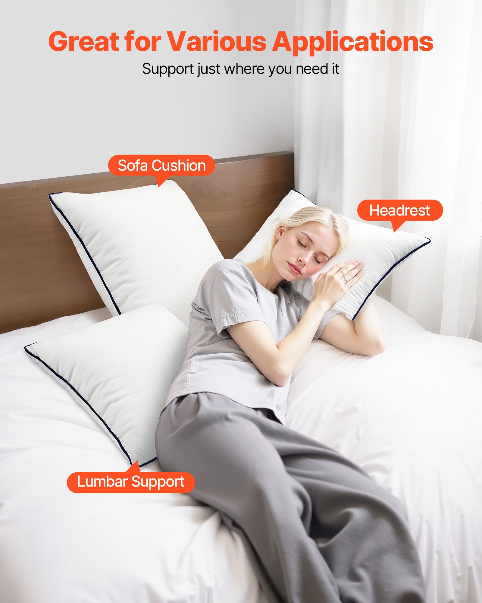 VEVOR 20 x 20 in Throw Pillow Inserts, Set of 2, Firm and Fluffy Decorative Down Alternative Pillows with Polyester Fiber, Square White Cushion with Zipper, for Indoor Bed Couch Sofa and Living Room