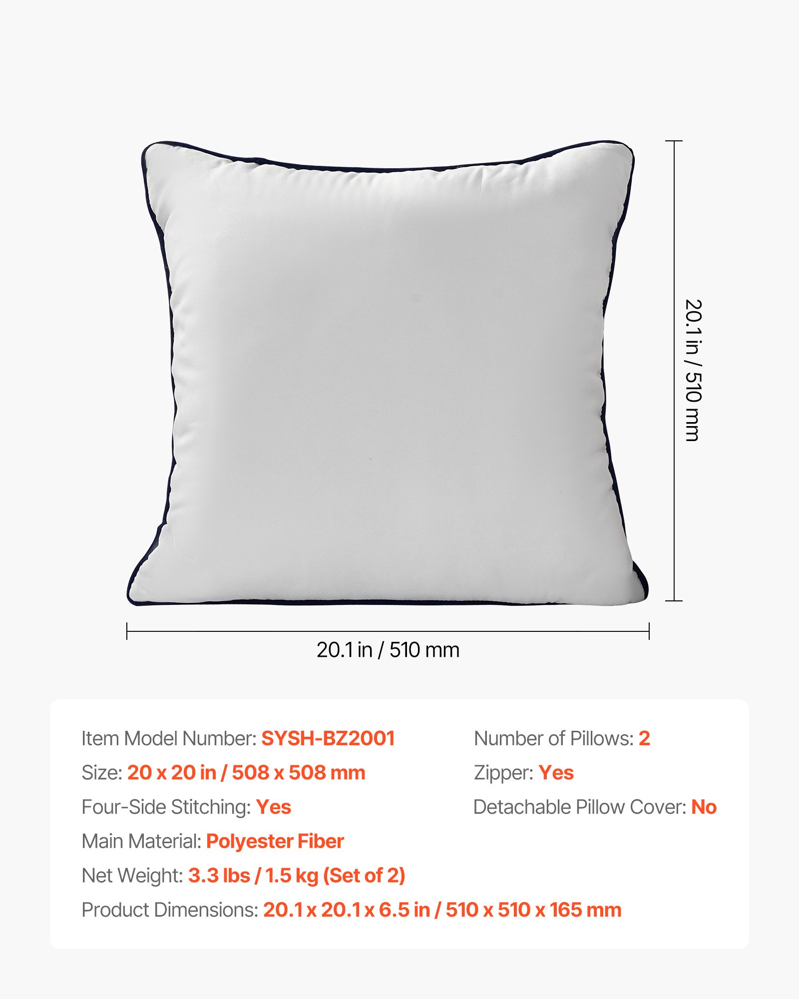 VEVOR 20 x 20 in Throw Pillow Inserts, Set of 2, Firm and Fluffy Decorative Down Alternative Pillows with Polyester Fiber, Square White Cushion with Zipper, for Indoor Bed Couch Sofa and Living Room