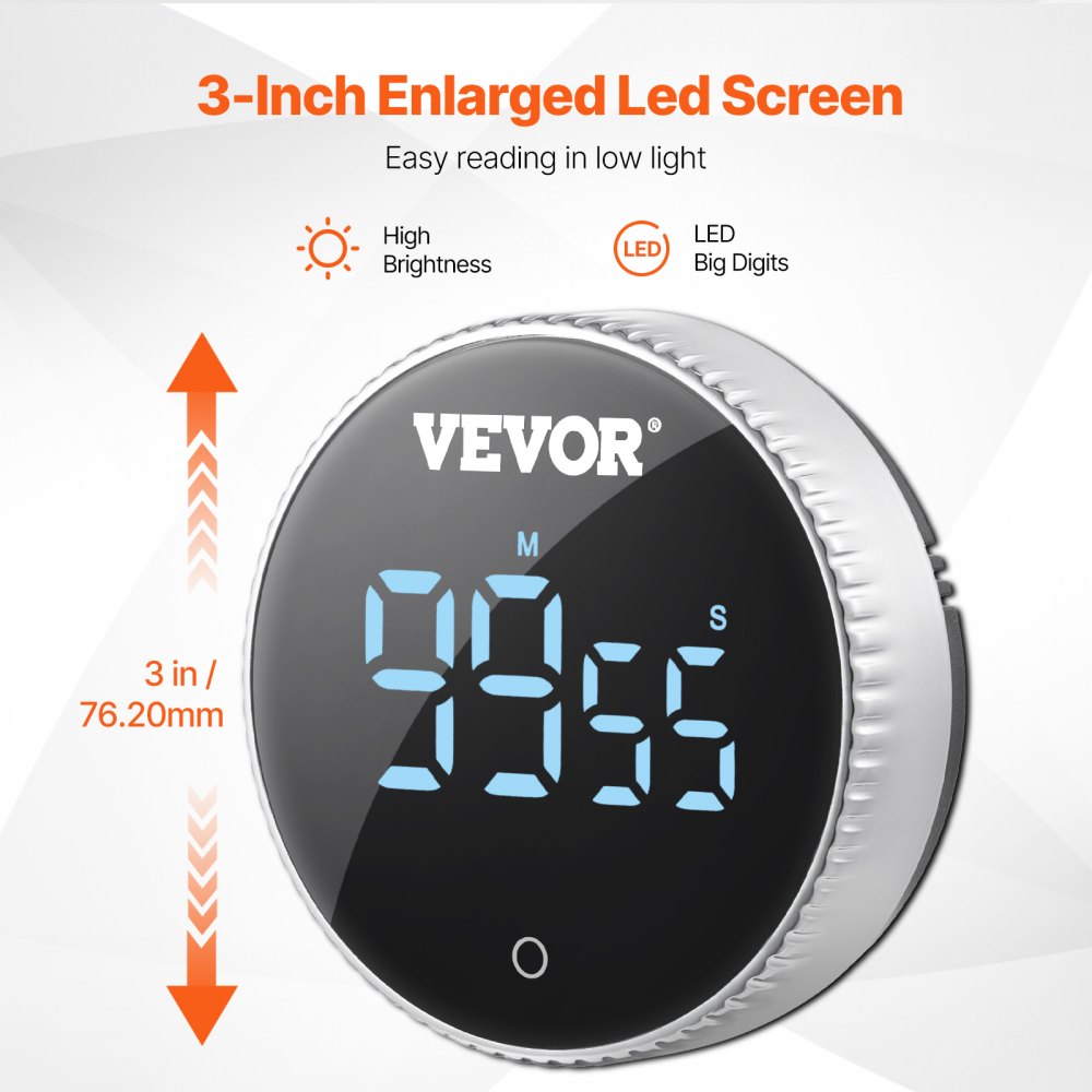 VEVOR Digital Kitchen Timer, Magnetic Countdown Countup Timer with 3-inch Large LED Display, 3 Volume Levels & 2 Lighting Modes, Digital Visual Timer Ideal for Cooking Classroom Studying Fitness