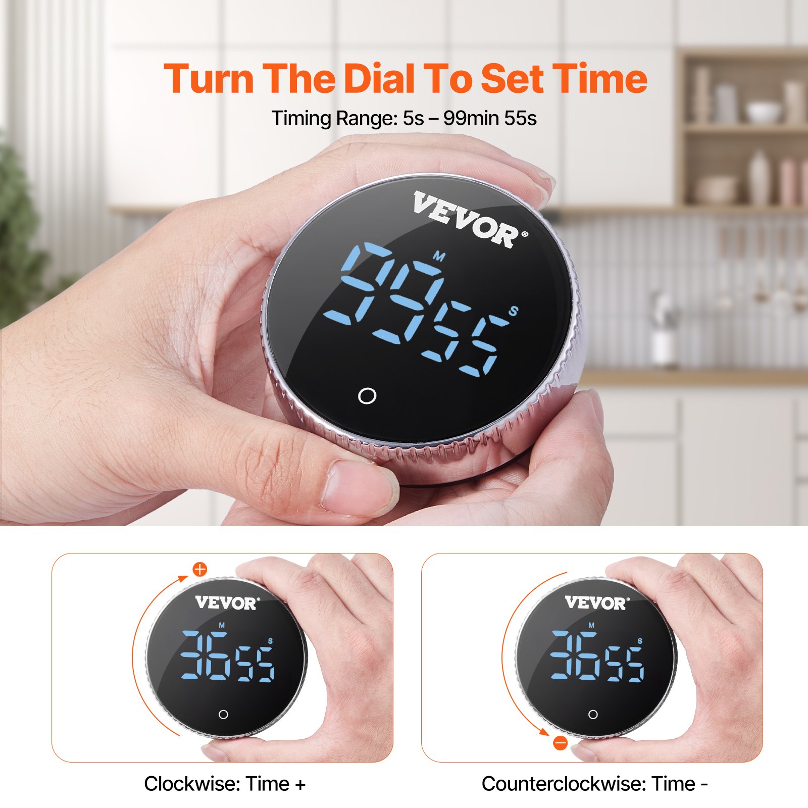 VEVOR Digital Kitchen Timer, Magnetic Countdown Countup Timer with 3-inch Large LED Display, 3 Volume Levels & 2 Lighting Modes, Digital Visual Timer Ideal for Cooking Classroom Studying Fitness