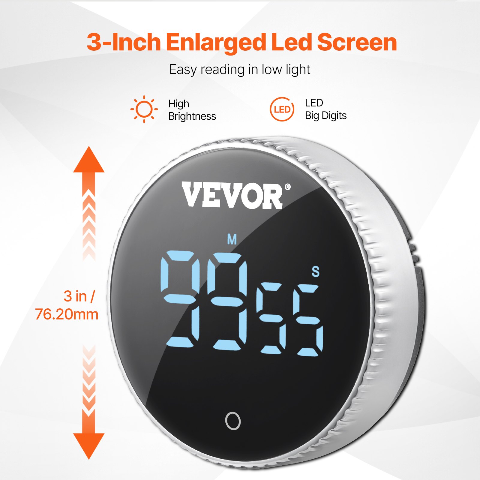 VEVOR Digital Kitchen Timer, Magnetic Countdown Countup Timer with 3-inch Large LED Display, 3 Volume Levels & 2 Lighting Modes, Digital Visual Timer Ideal for Cooking Classroom Studying Fitness