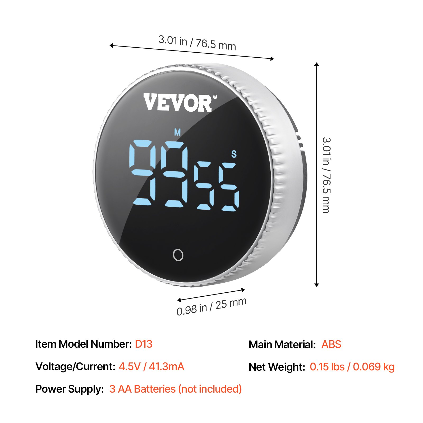 VEVOR Digital Kitchen Timer, Magnetic Countdown Countup Timer with 3-inch Large LED Display, 3 Volume Levels & 2 Lighting Modes, Digital Visual Timer Ideal for Cooking Classroom Studying Fitness