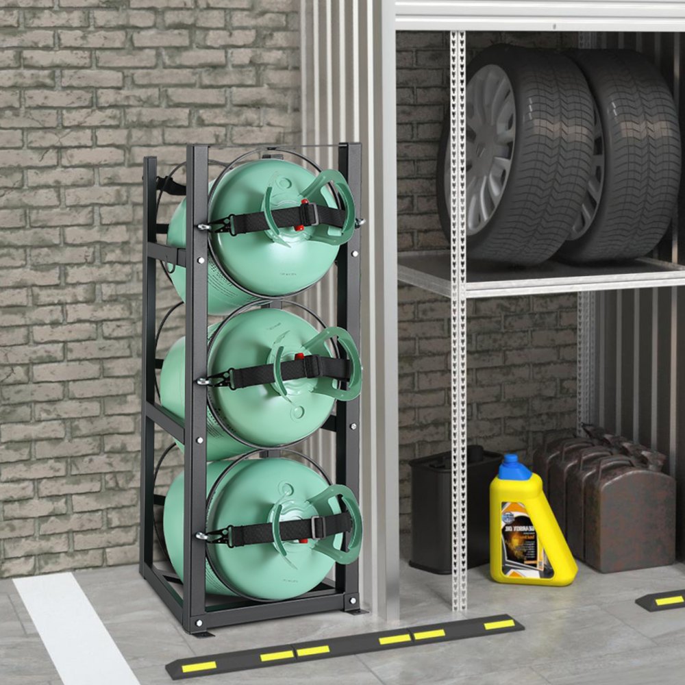 VEVOR refrigerant tank rack holding three green tanks in a garage with tires and other tools on shelves.