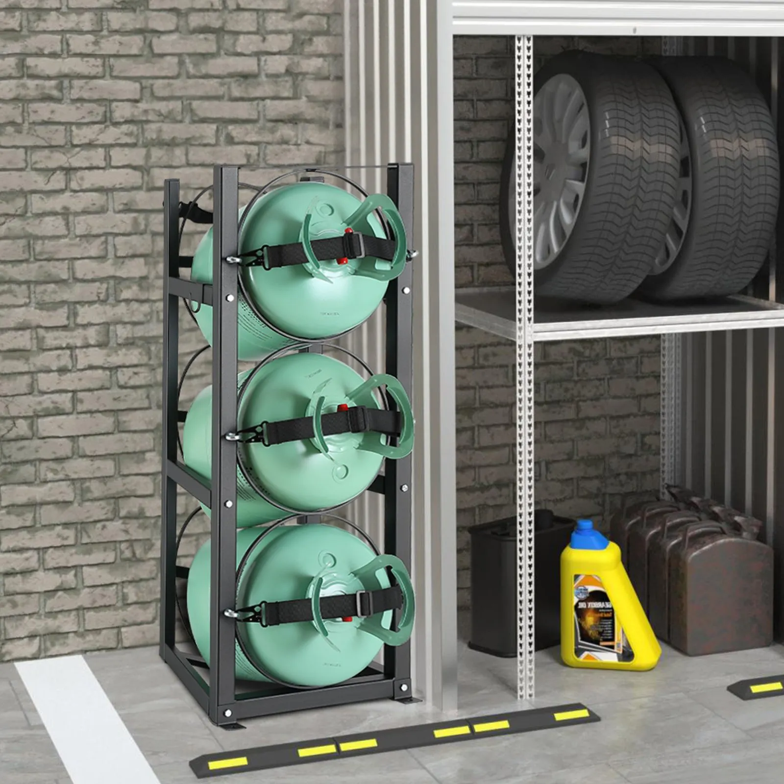 VEVOR refrigerant tank rack holding three green tanks in a garage with tires and other tools on shelves.