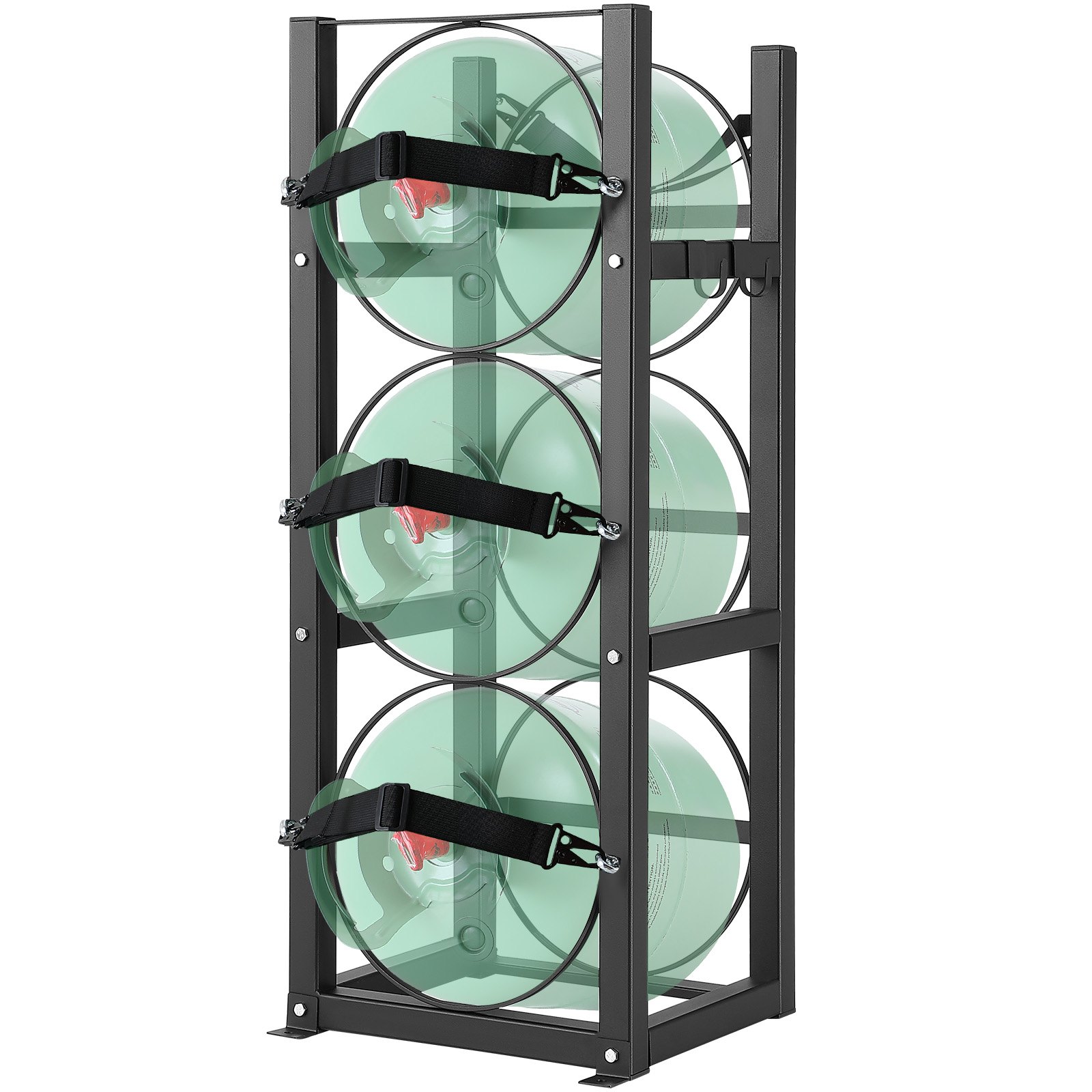 black metal VEVOR refrigerant tank rack securely holding three green refrigerant tanks with black straps.