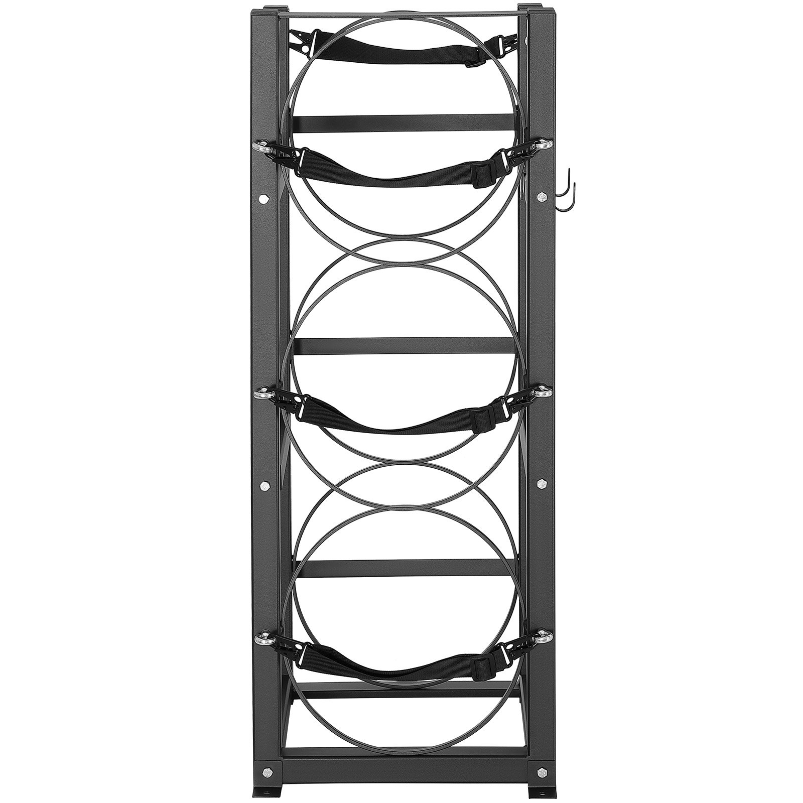tall black VEVOR refrigerant tank rack with circular holders and adjustable straps.