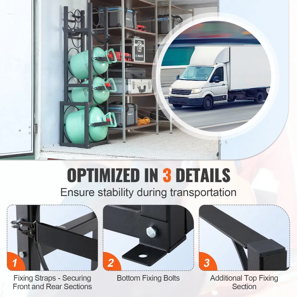 VEVOR refrigerant tank rack in van with securing straps, fixing bolts, and additional top fixing section.
