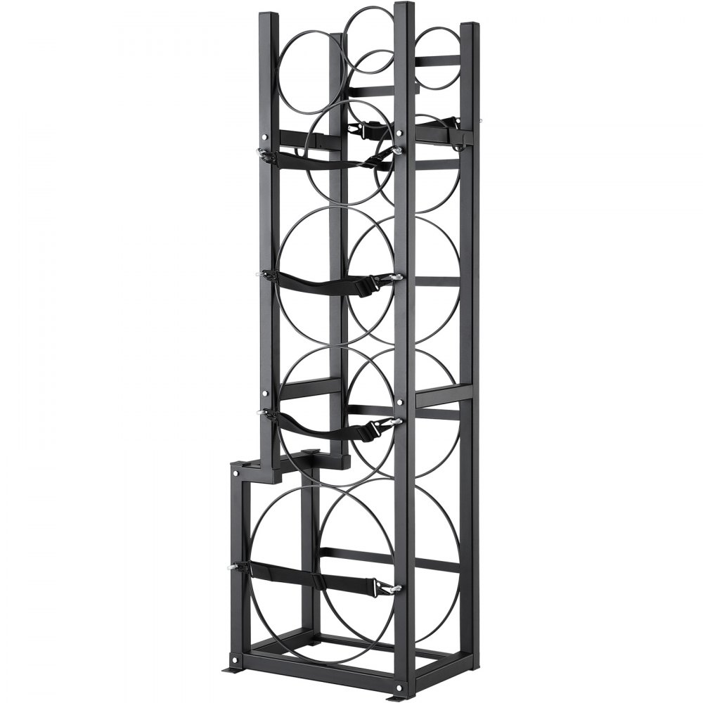 VEVOR refrigerant tank rack with six circular holders and black metal frame for secure storage.