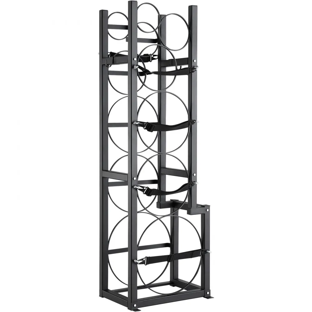 VEVOR refrigerant tank rack with six circular holders and securing straps in a black metal frame.