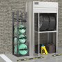 VEVOR refrigerant tank rack holding green tanks beside a steel rack with car tires, oil bottles, and boxes.