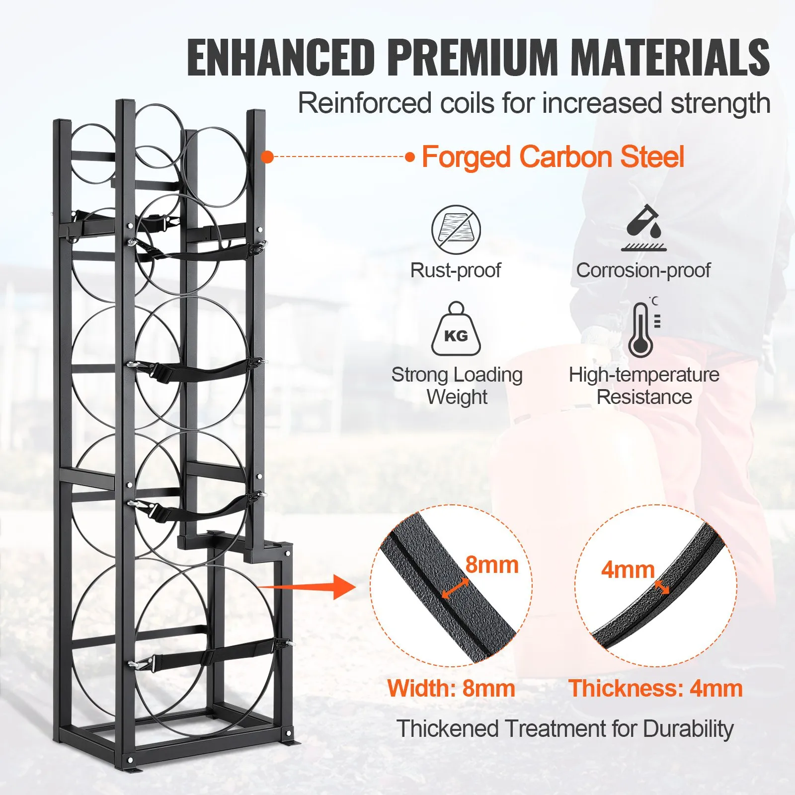 VEVOR refrigerant tank rack with carbon steel, rust-proof, corrosion-proof, high-strength, and thickened coils.