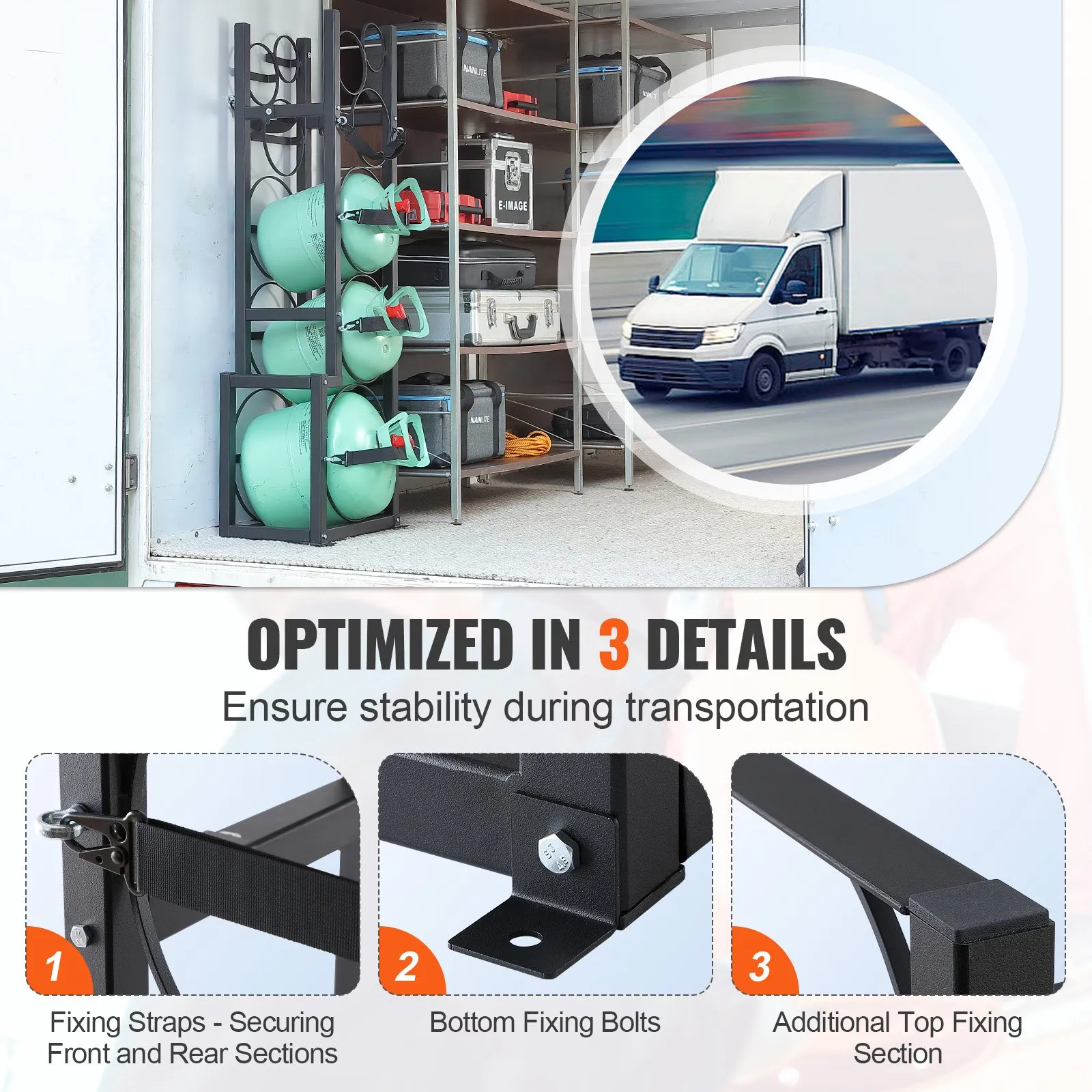 VEVOR refrigerant tank rack in van with securing straps, fixing bolts, and additional top fixing section.