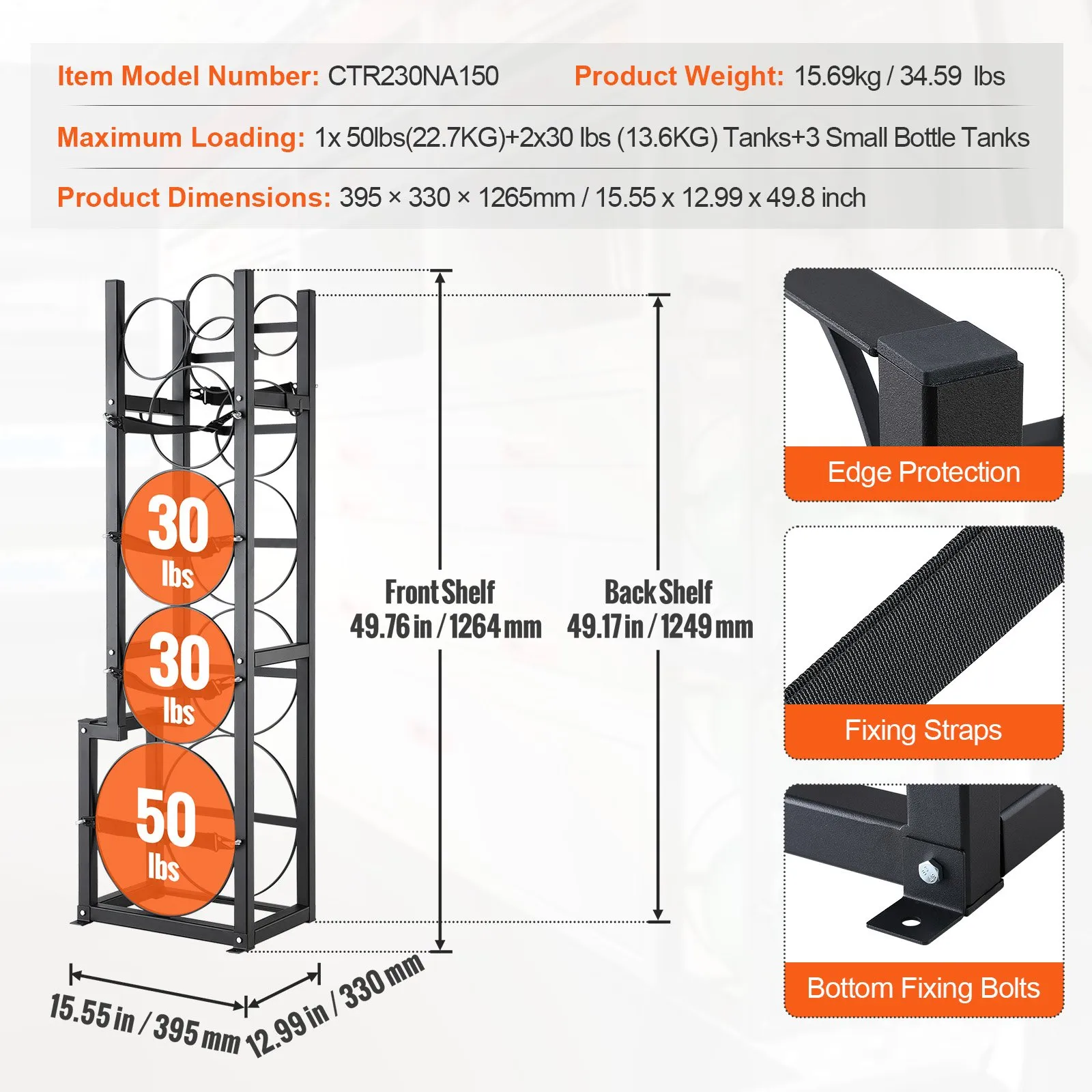 VEVOR refrigerant tank rack with 50lbs, 30lbs capacity, edge protection, fixing straps, and bottom bolts.