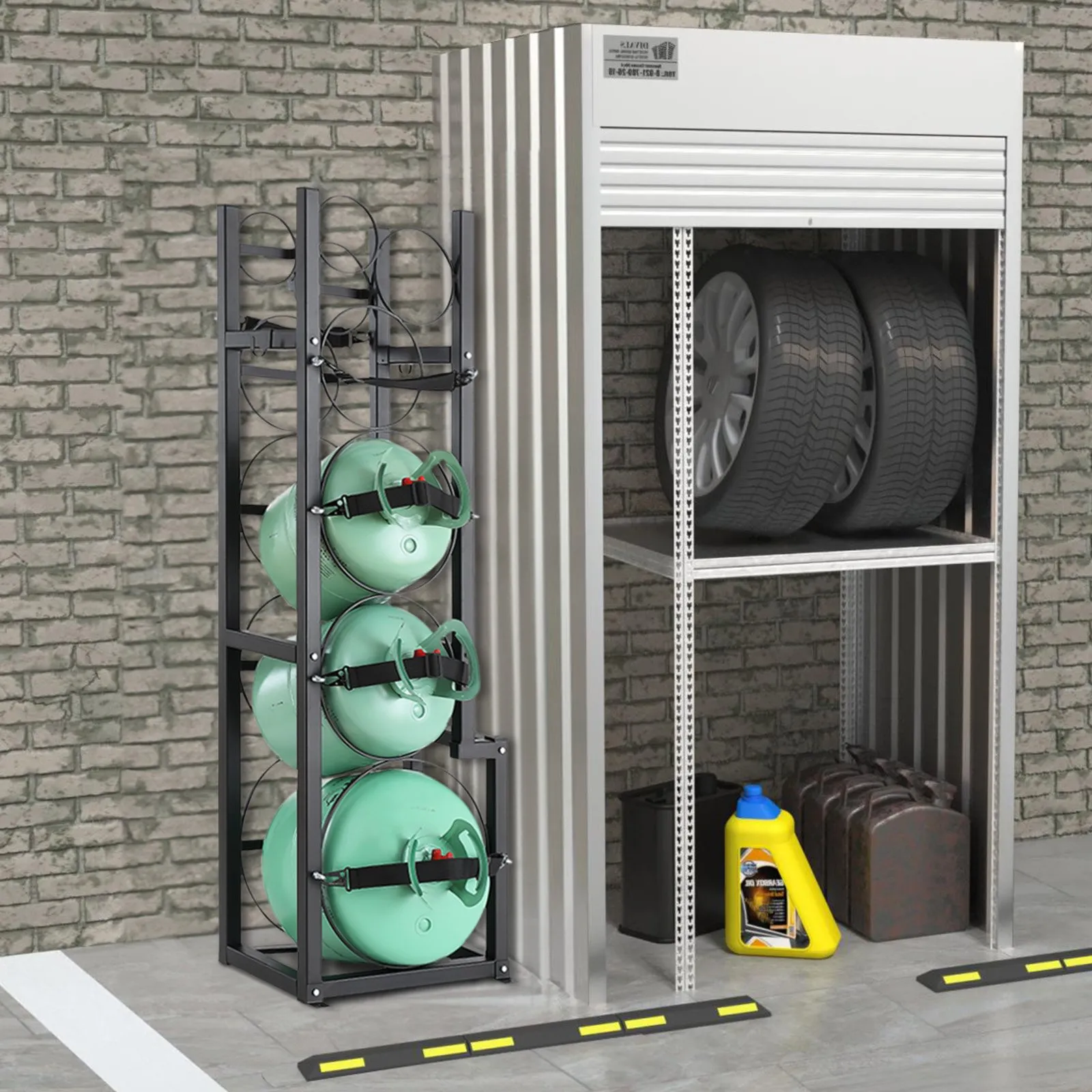 VEVOR refrigerant tank rack holding green tanks beside a steel rack with car tires, oil bottles, and boxes.