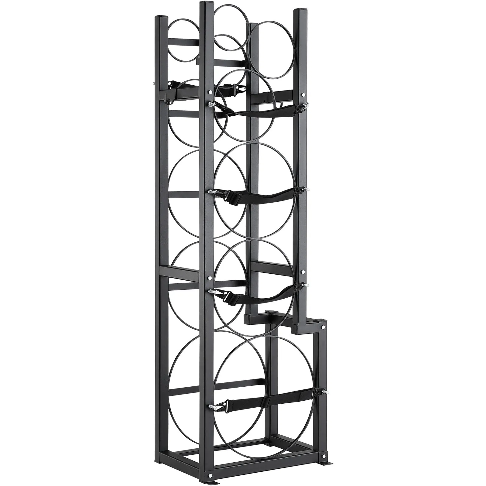 VEVOR refrigerant tank rack with six circular holders and securing straps in a black metal frame.
