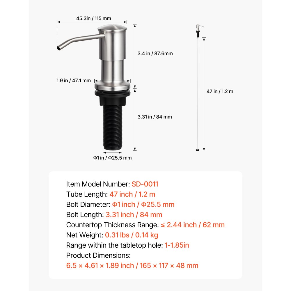 Dispensador de jabón VEVOR para fregadero de cocina, de acero inoxidable, empotrable con tubo de extensión de 120 cm, para encimera con cabezal de bomba giratorio de 360°, para cocina y baño.