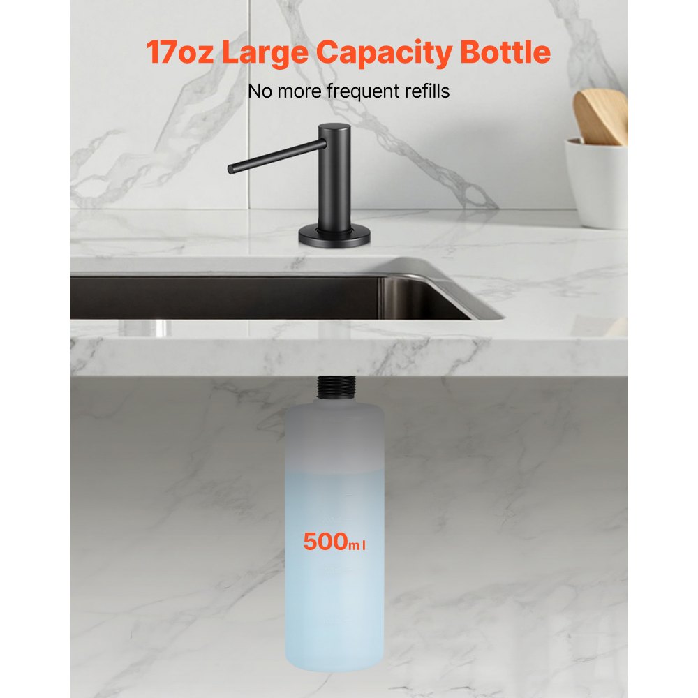 VEVOR Soap Dispenser for Kitchen Sink, Stainless Steel Built in Sink Soap Dispenser with 17OZ Refillable Bottle, Countertop Dish Soap-Dispenser with 360° Rotation Pump Head, for Kitchen Bathroom
