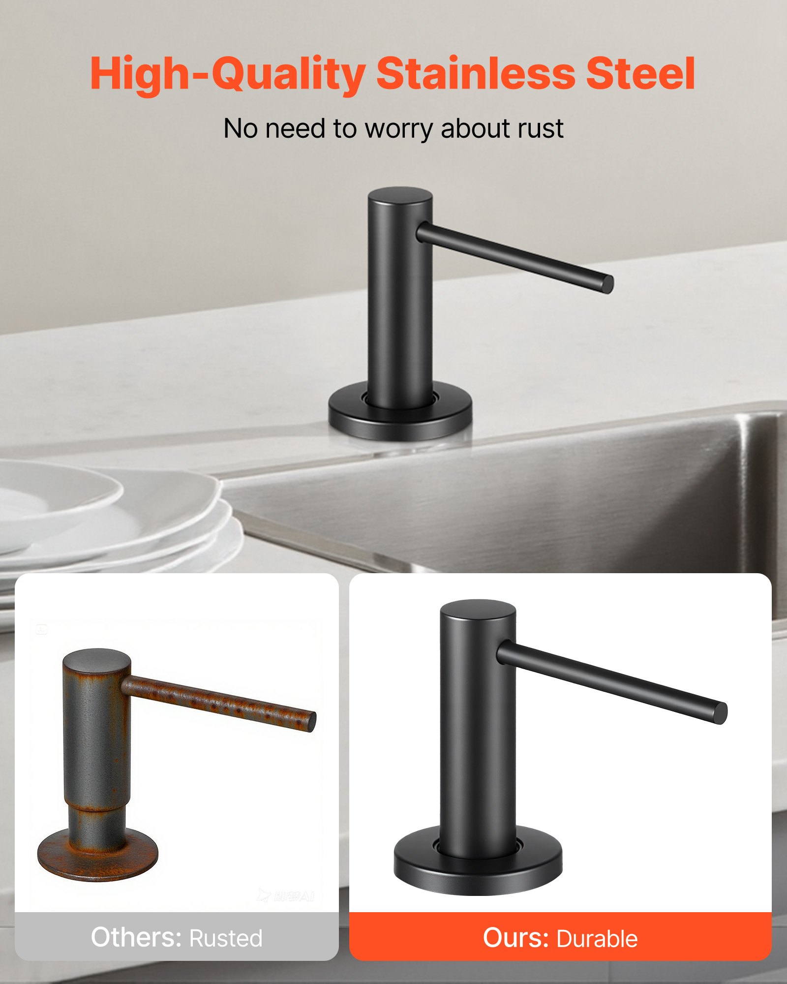 VEVOR Soap Dispenser for Kitchen Sink, Stainless Steel Built in Sink Soap Dispenser with 17OZ Refillable Bottle, Countertop Dish Soap-Dispenser with 360° Rotation Pump Head, for Kitchen Bathroom