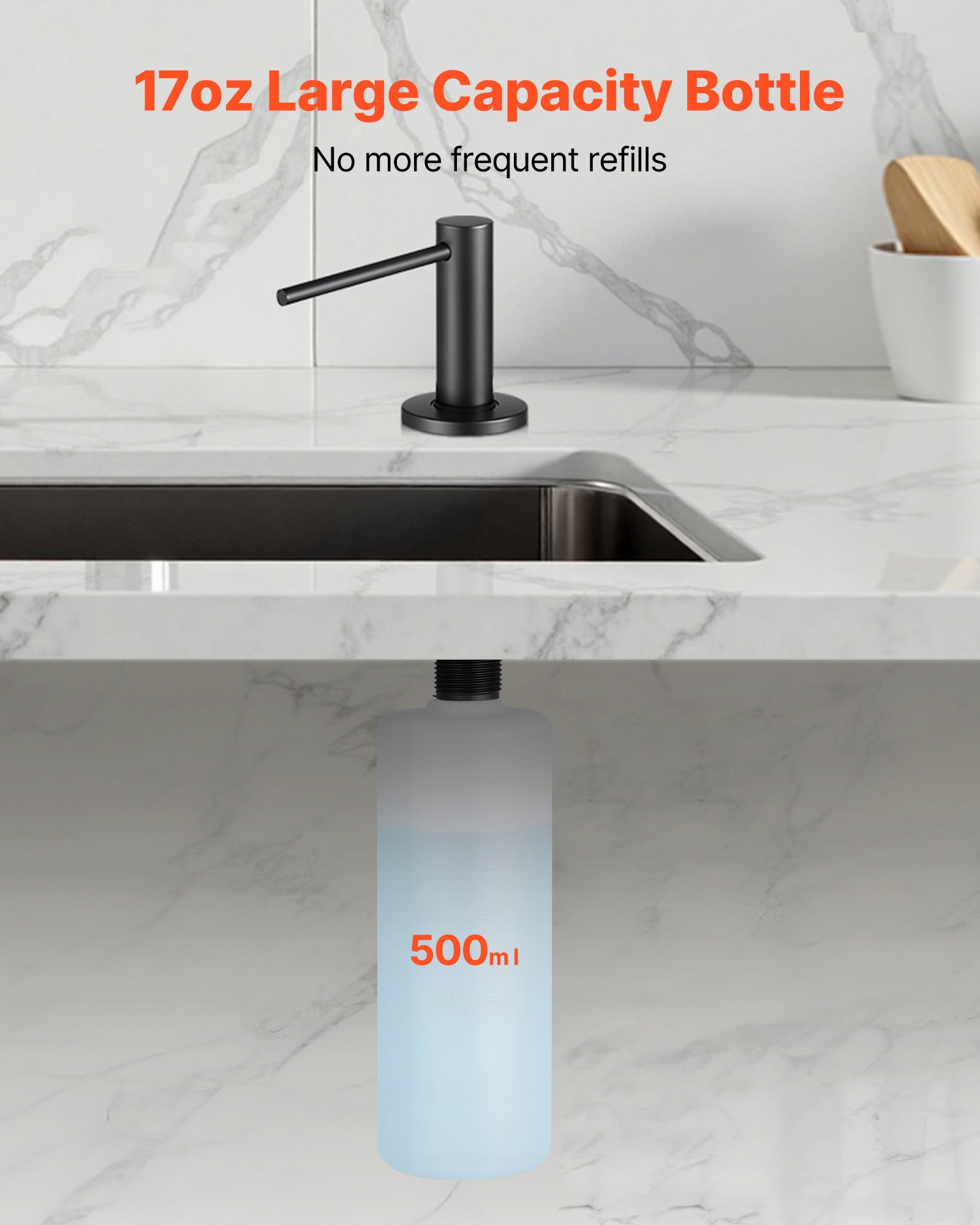VEVOR Soap Dispenser for Kitchen Sink, Stainless Steel Built in Sink Soap Dispenser with 17OZ Refillable Bottle, Countertop Dish Soap-Dispenser with 360° Rotation Pump Head, for Kitchen Bathroom