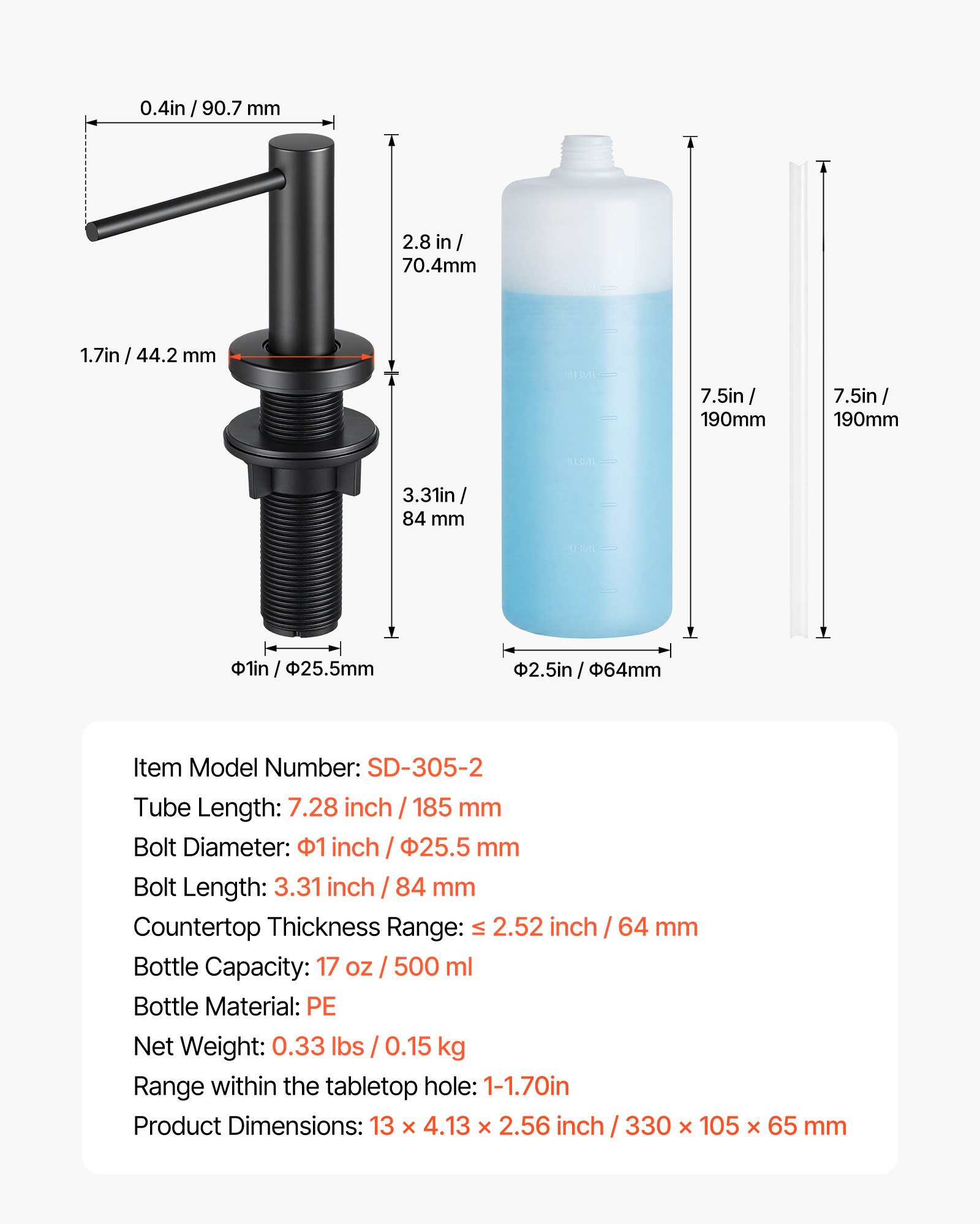 VEVOR Soap Dispenser for Kitchen Sink, Stainless Steel Built in Sink Soap Dispenser with 17OZ Refillable Bottle, Countertop Dish Soap-Dispenser with 360° Rotation Pump Head, for Kitchen Bathroom