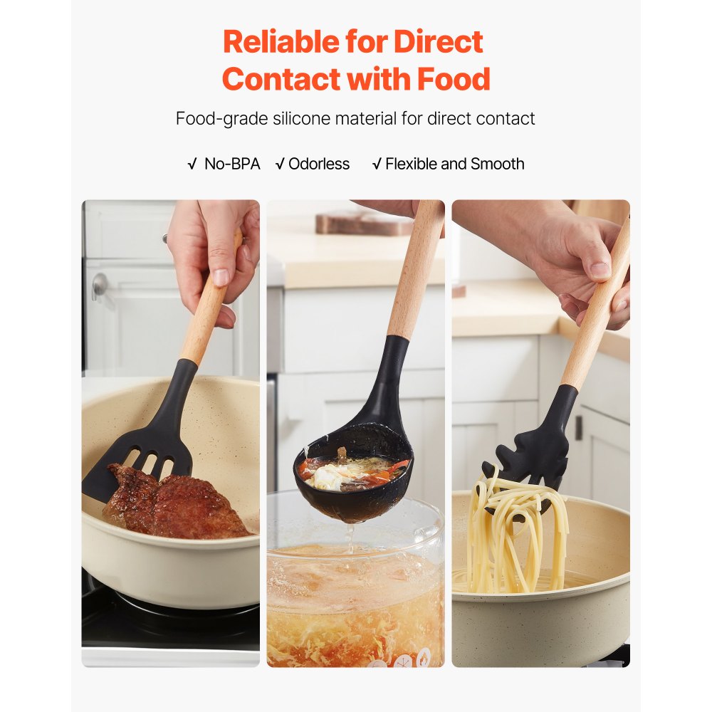 Juego de utensilios de cocina VEVOR, 50 espátulas de silicona con soporte, resistentes al calor hasta 220 °C, mango de madera, accesorios esenciales para el hogar, utensilios de cocina de silicona, color negro