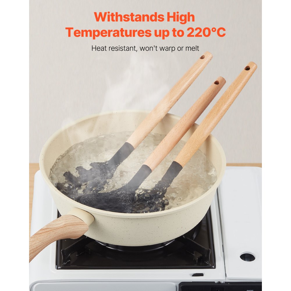Juego de utensilios de cocina VEVOR, 50 espátulas de silicona con soporte, resistentes al calor hasta 220 °C, mango de madera, accesorios esenciales para el hogar, utensilios de cocina de silicona, color negro