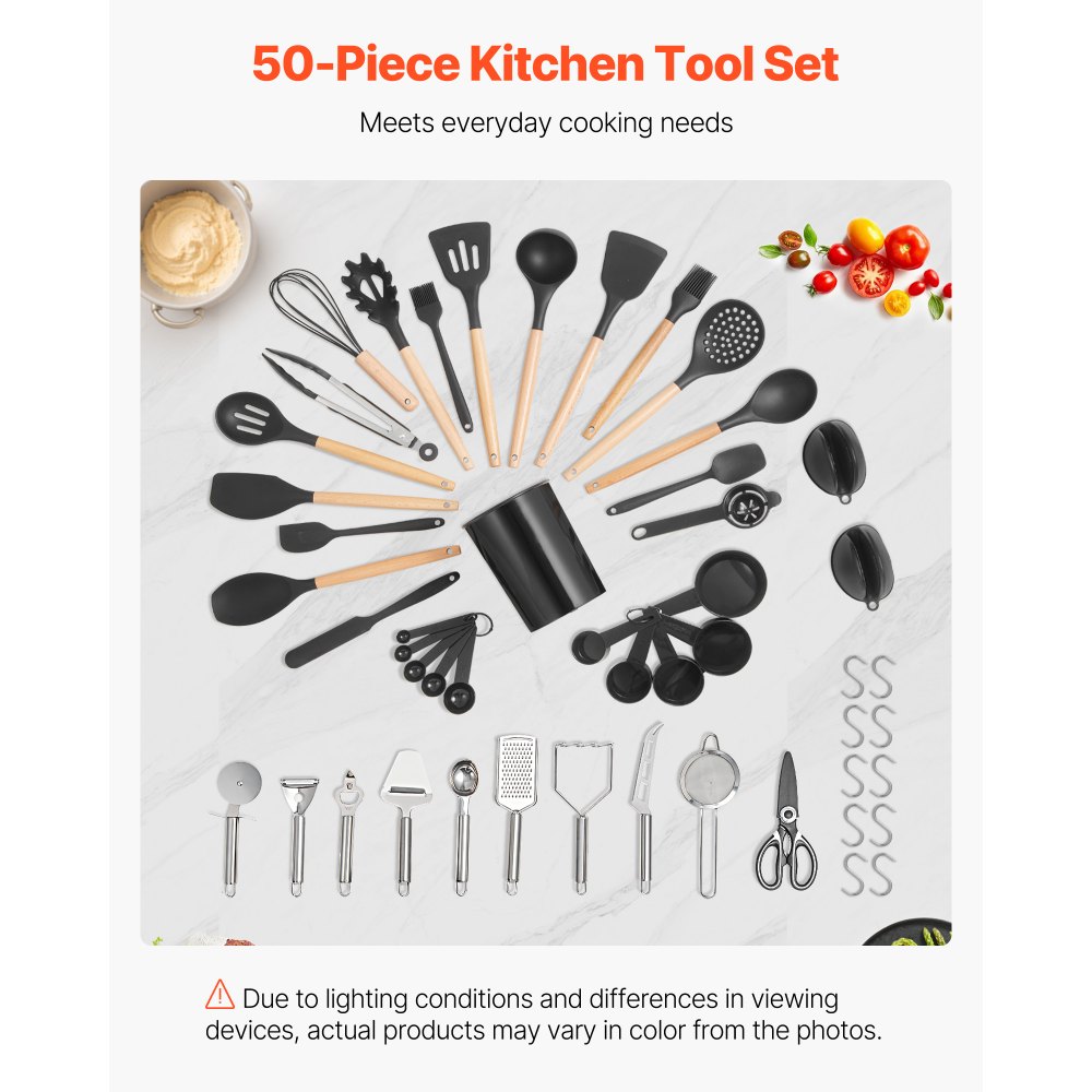 Juego de utensilios de cocina VEVOR, 50 espátulas de silicona con soporte, resistentes al calor hasta 220 °C, mango de madera, accesorios esenciales para el hogar, utensilios de cocina de silicona, color negro