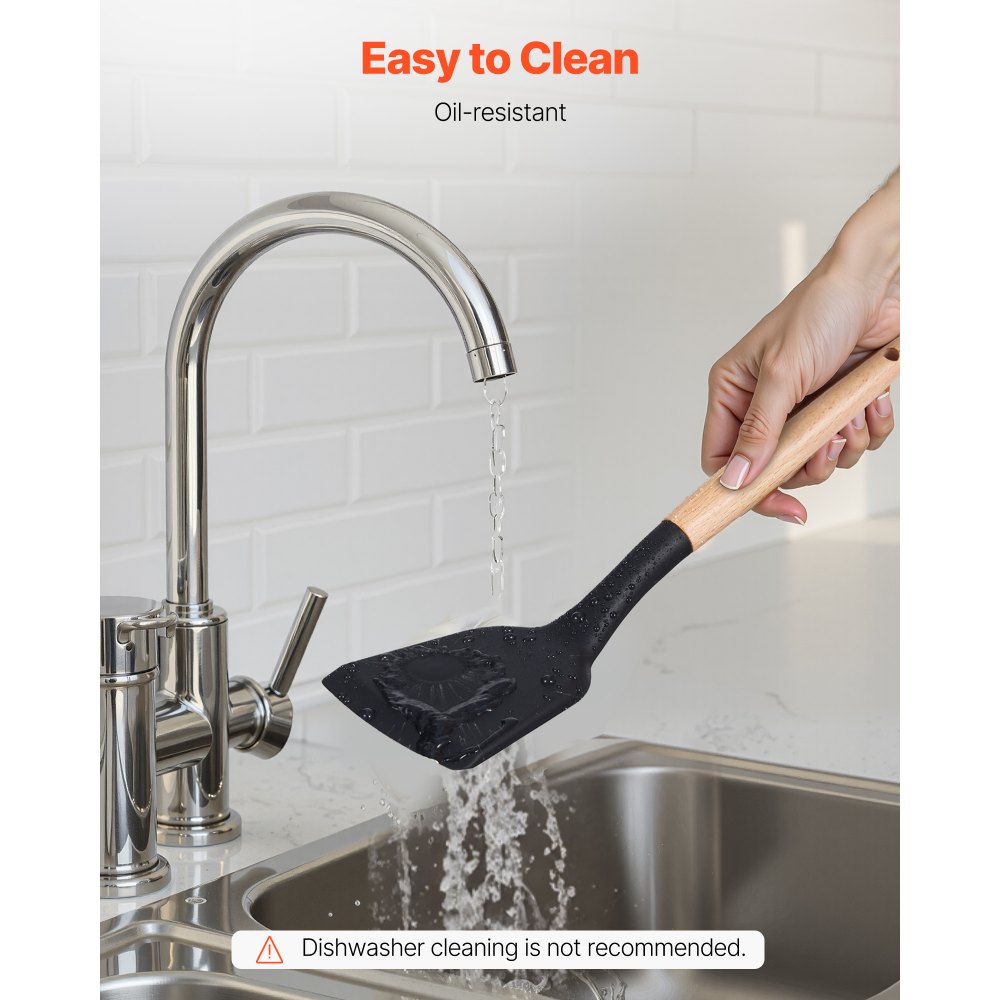 Juego de utensilios de cocina VEVOR, 50 espátulas de silicona con soporte, resistentes al calor hasta 220 °C, mango de madera, accesorios esenciales para el hogar, utensilios de cocina de silicona, color negro