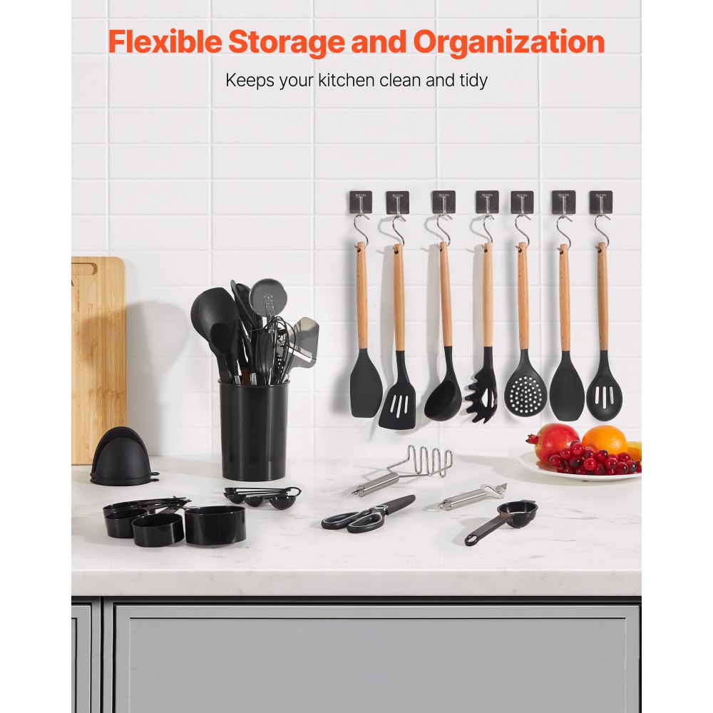 Juego de utensilios de cocina VEVOR, 50 espátulas de silicona con soporte, resistentes al calor hasta 220 °C, mango de madera, accesorios esenciales para el hogar, utensilios de cocina de silicona, color negro