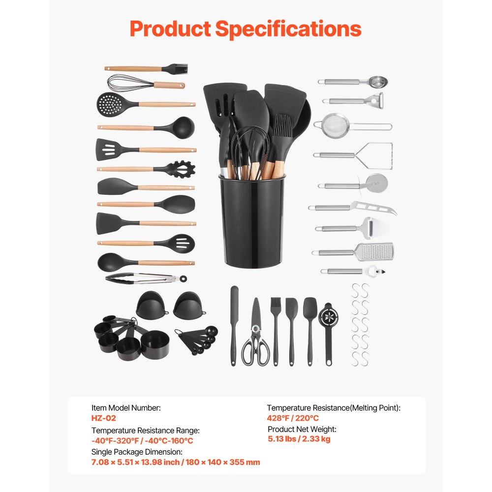 Juego de utensilios de cocina VEVOR, 50 espátulas de silicona con soporte, resistentes al calor hasta 220 °C, mango de madera, accesorios esenciales para el hogar, utensilios de cocina de silicona, color negro