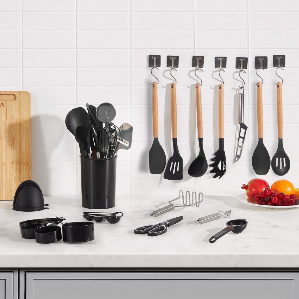 Juego de utensilios de cocina VEVOR, 50 espátulas de silicona con soporte, resistentes al calor hasta 220 °C, mango de madera, accesorios esenciales para el hogar, utensilios de cocina de silicona, color negro