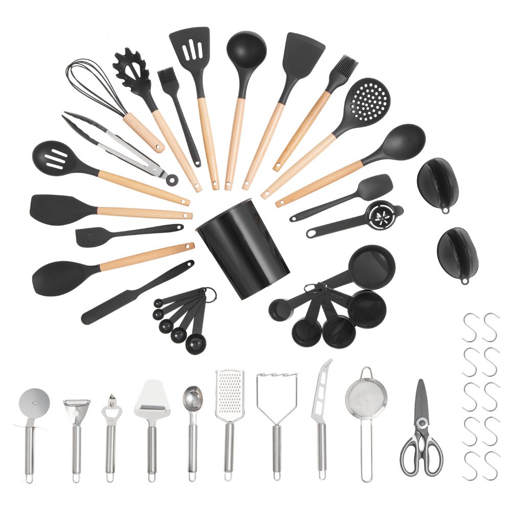 Juego de utensilios de cocina VEVOR, 50 espátulas de silicona con soporte, resistentes al calor hasta 220 °C, mango de madera, accesorios esenciales para el hogar, utensilios de cocina de silicona, color negro