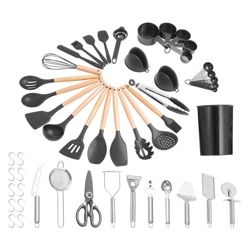 Juego de utensilios de cocina VEVOR, 50 espátulas de silicona con soporte, resistentes al calor hasta 220 °C, mango de madera, accesorios esenciales para el hogar, utensilios de cocina de silicona, color negro