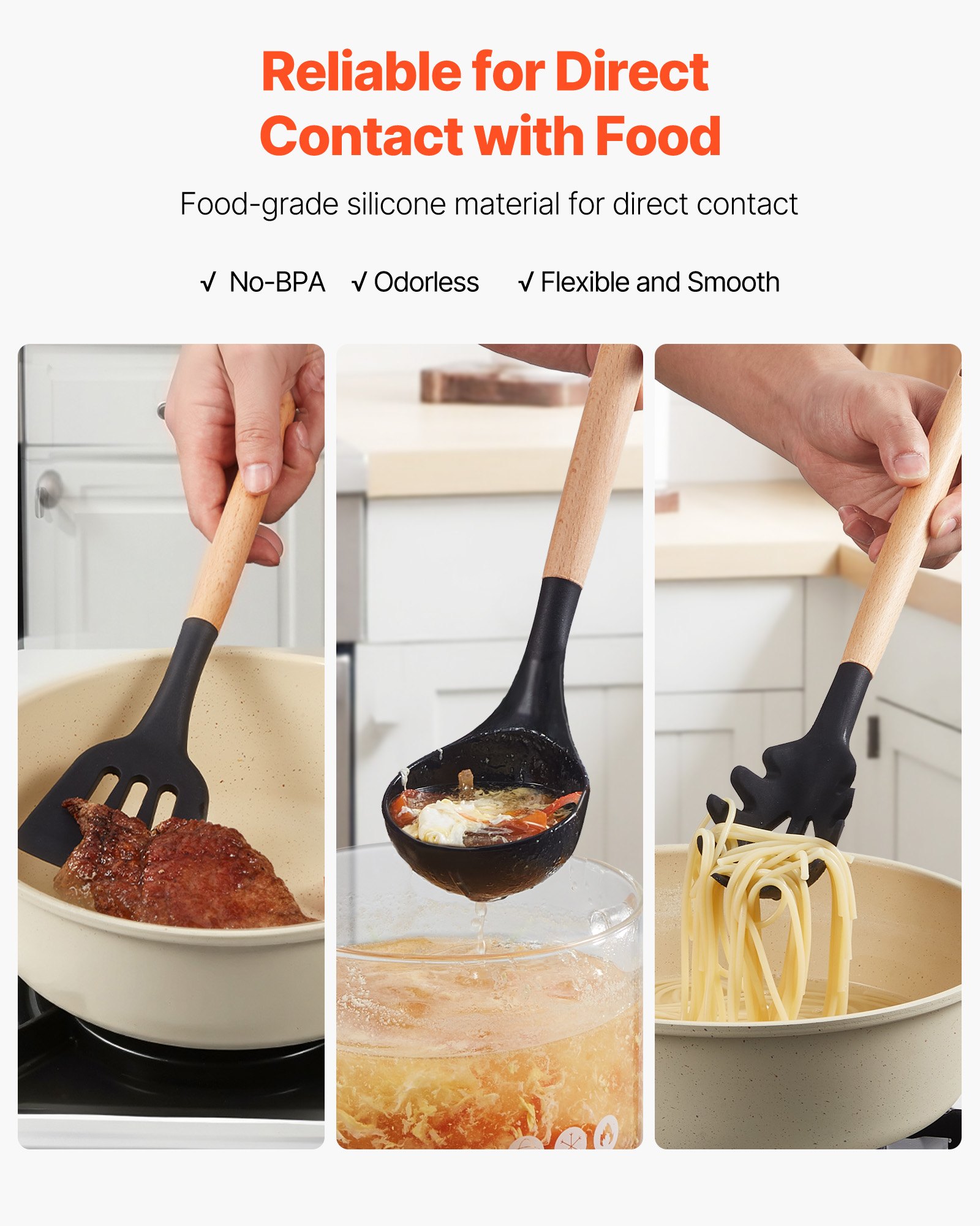 Juego de utensilios de cocina VEVOR, 50 espátulas de silicona con soporte, resistentes al calor hasta 220 °C, mango de madera, accesorios esenciales para el hogar, utensilios de cocina de silicona, color negro