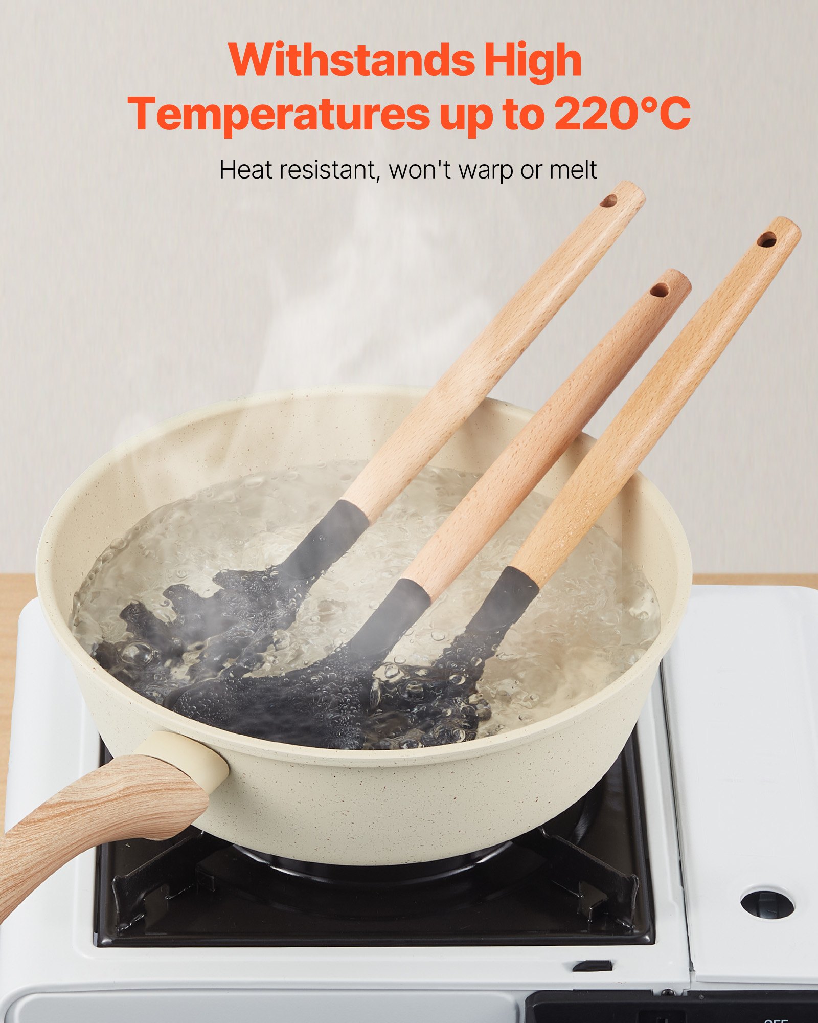 Juego de utensilios de cocina VEVOR, 50 espátulas de silicona con soporte, resistentes al calor hasta 220 °C, mango de madera, accesorios esenciales para el hogar, utensilios de cocina de silicona, color negro