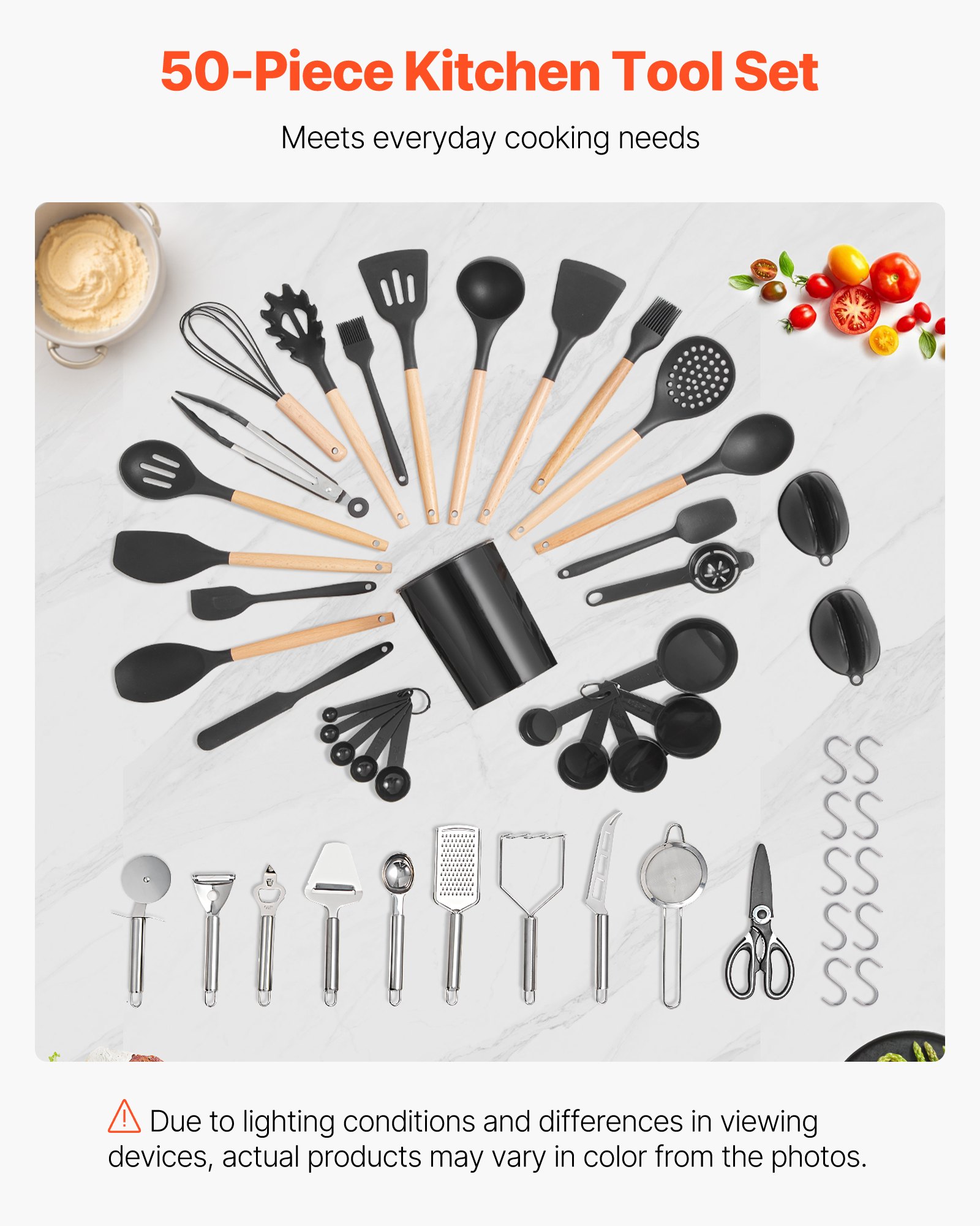 Juego de utensilios de cocina VEVOR, 50 espátulas de silicona con soporte, resistentes al calor hasta 220 °C, mango de madera, accesorios esenciales para el hogar, utensilios de cocina de silicona, color negro