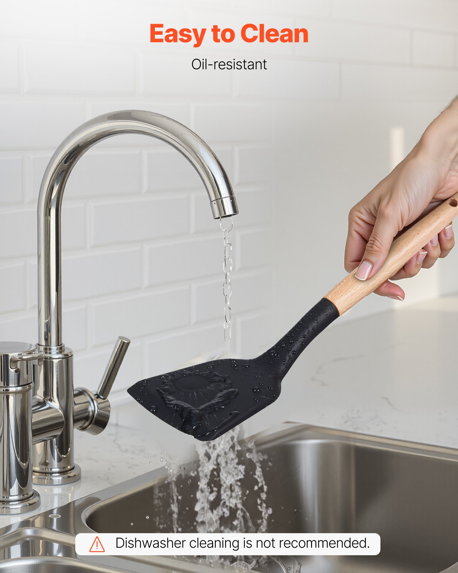 Juego de utensilios de cocina VEVOR, 50 espátulas de silicona con soporte, resistentes al calor hasta 220 °C, mango de madera, accesorios esenciales para el hogar, utensilios de cocina de silicona, color negro