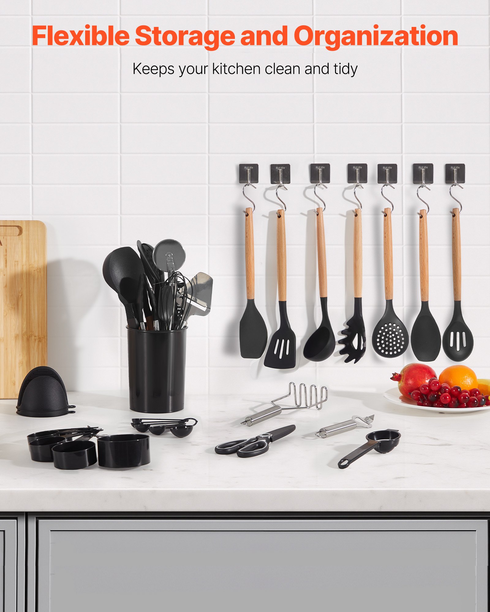 Juego de utensilios de cocina VEVOR, 50 espátulas de silicona con soporte, resistentes al calor hasta 220 °C, mango de madera, accesorios esenciales para el hogar, utensilios de cocina de silicona, color negro