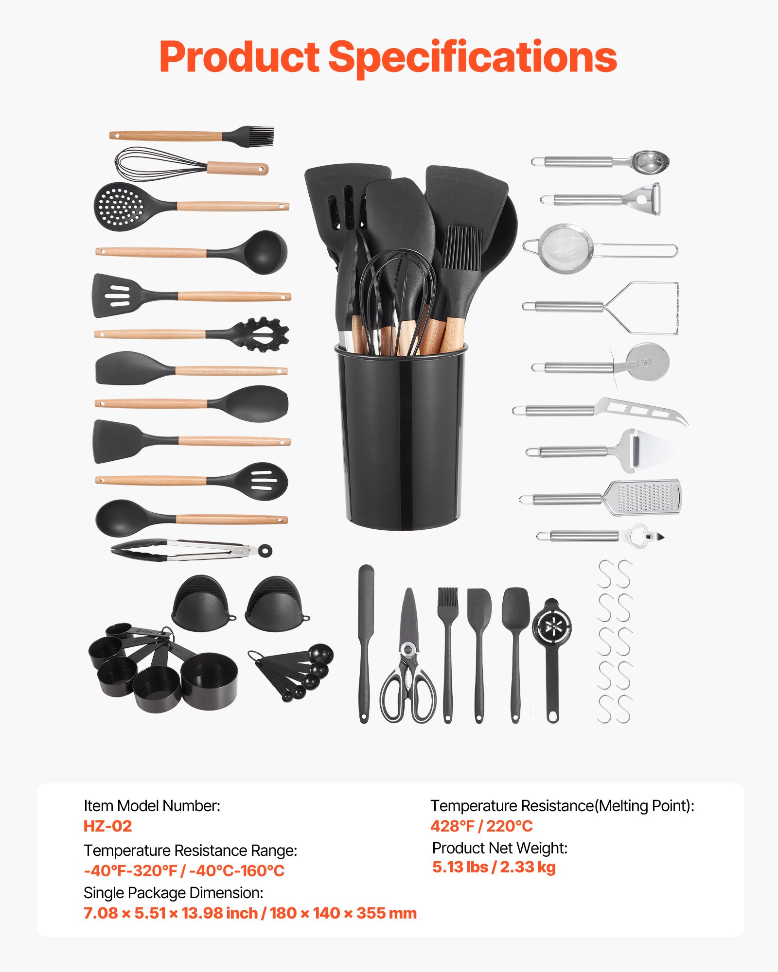 Juego de utensilios de cocina VEVOR, 50 espátulas de silicona con soporte, resistentes al calor hasta 220 °C, mango de madera, accesorios esenciales para el hogar, utensilios de cocina de silicona, color negro