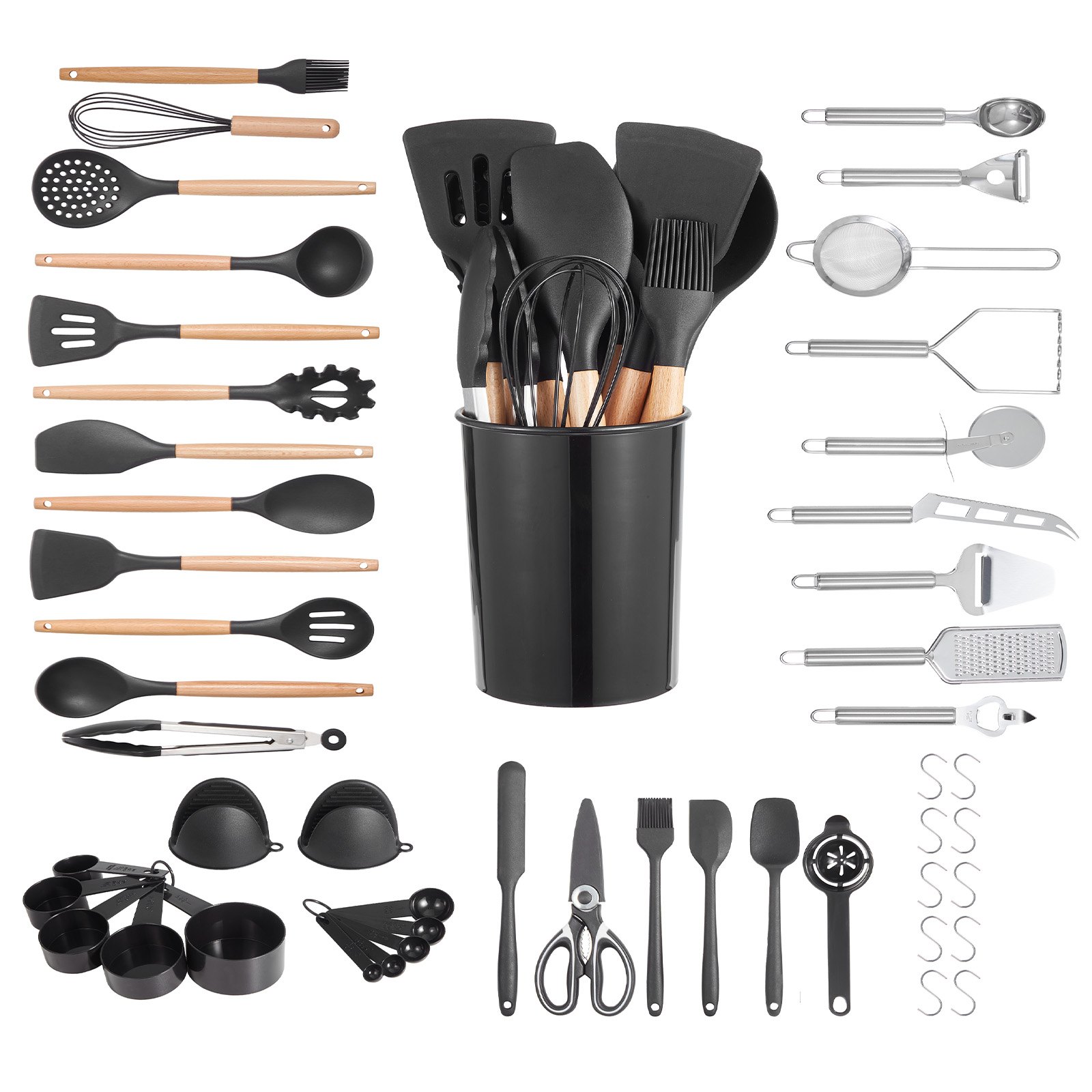 Juego de utensilios de cocina VEVOR, 50 espátulas de silicona con soporte, resistentes al calor hasta 220 °C, mango de madera, accesorios esenciales para el hogar, utensilios de cocina de silicona, color negro
