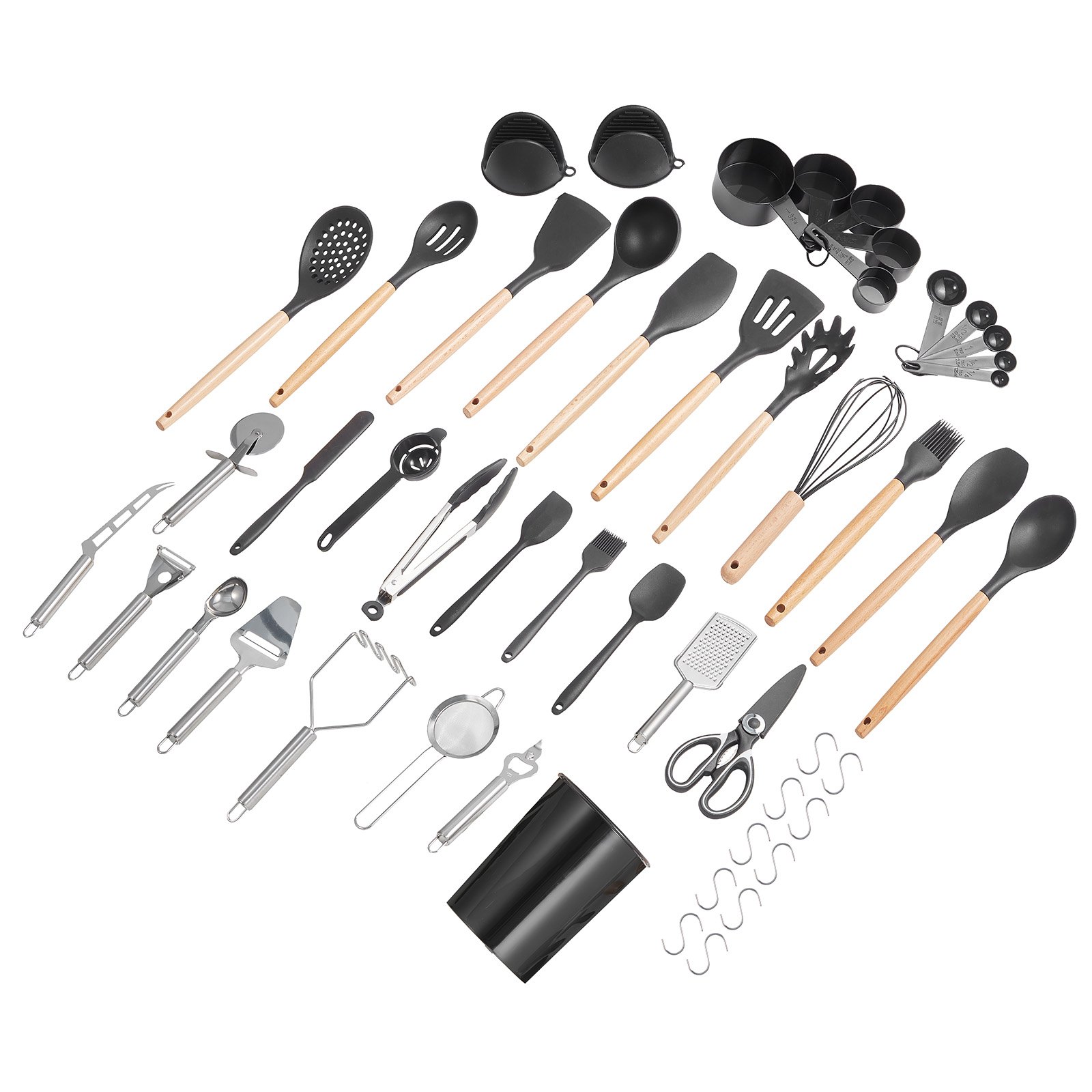 Juego de utensilios de cocina VEVOR, 50 espátulas de silicona con soporte, resistentes al calor hasta 220 °C, mango de madera, accesorios esenciales para el hogar, utensilios de cocina de silicona, color negro
