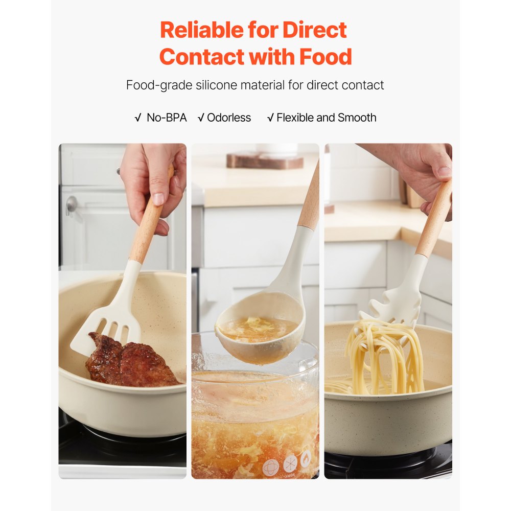 VEVOR Kitchen Cooking Utensils Set, 34 PCS Silicone Spatula Set with Holder, 428°F Heat Resistant Gadget Spoons Tools, Wooden Handle Home Essentials Accessories, Silicone Gadgets Cookware, White