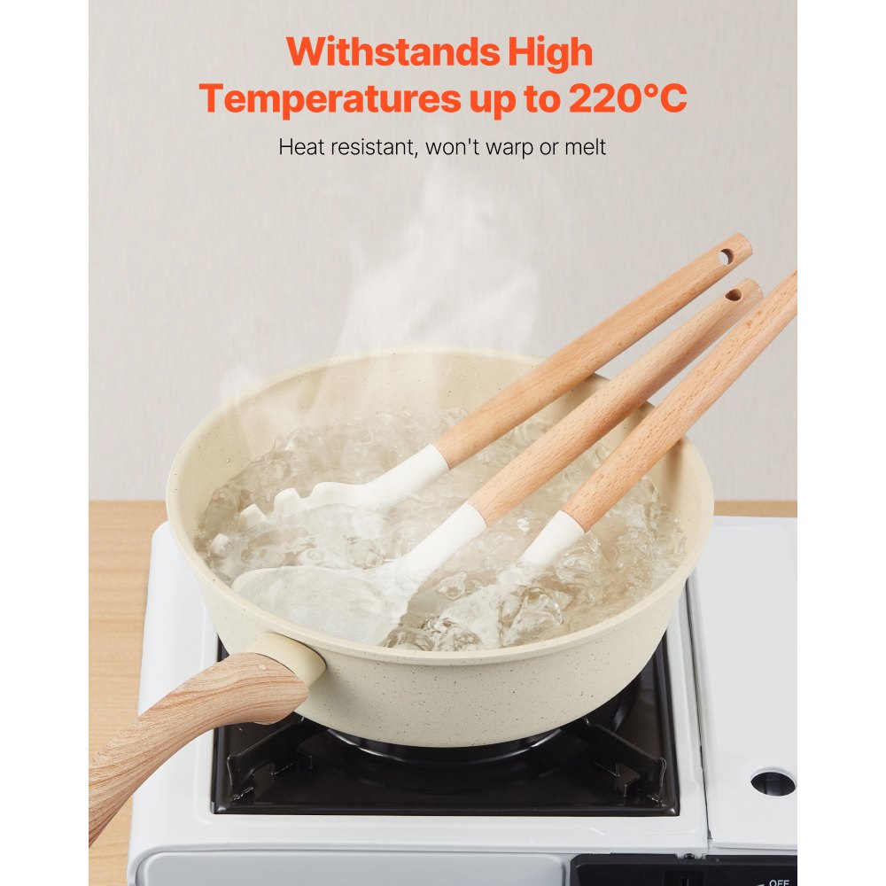 VEVOR Kitchen Cooking Utensils Set, 34 PCS Silicone Spatula Set with Holder, 428°F Heat Resistant Gadget Spoons Tools, Wooden Handle Home Essentials Accessories, Silicone Gadgets Cookware, White